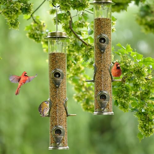 2PK Metal Bird Feeders with 6 Feeding Ports,Tube Bird Feeder with Steel Hanger,Hard Plastic Wild Bird Feeder for Outdoors Hanging, Attracting Birds in Your Lawn, Garden, Balcony (Bronze) - color: Bronze 2 PACK