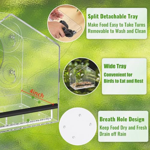 Clear Window Bird Feeder with Strong Suction Cups | Clear window design for outdoor viewing, removable tray for easy cleaning and refilling, bird watching gift for parents - color: Clear, size: 3.94IN
