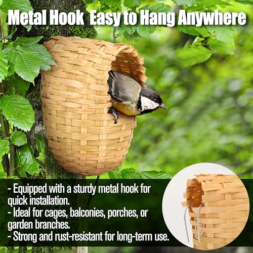 Finch Nests for Cages - Small Bird Nest with Metal Hook, Hand-Woven Box Natural Bamboo Cage Accessories, Hut Toy Hanging Shelter Warm Bird Houses, Handmade Hideout House, Outdoor Balcony Art Crafts