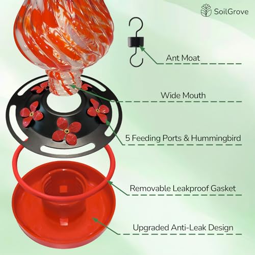 Glass Hummingbird Feeder,24oz Red Hand Blown Humming Bird Feeders for Outdoors Hanging with 5 Feeding Ports & Ant Moat, for Women Men,Hanging Garden Decor