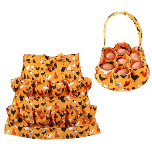 Egg Collecting Apron and Basket, 12 Pouches Chicken Egg Apron, 7 Pouches Chicken Eggs Basket, Collector Chicken Eggs - color: Yellow Black Chicken, Half-body