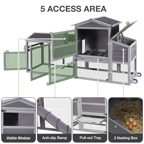 80" Large Chicken Coop on Wheels, with Run, Outdoor Wooden Hen House with Nesting Box, Leakproof Pull-Out Tray & Waterproof Roof, for 4–6 Chickens - color: Grey (AIR61)