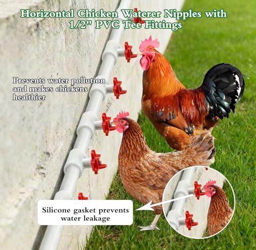 15-Pack Horizontal Chicken Nipples Waterer with 1/2" PVC Tee Fittings, Automatic Poultry Waterer Kit for DIY Chicken Duck Quail Watering System, Side Mount Drinker