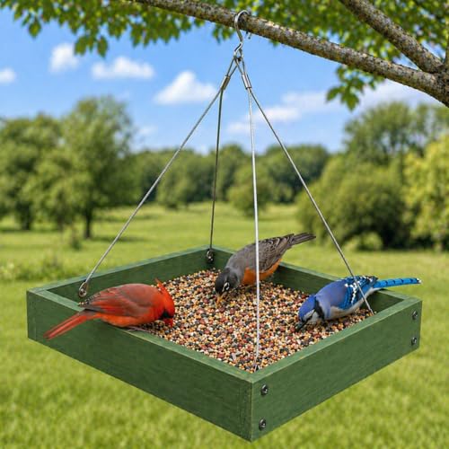 Platform Bird Feeder,Tray Bird feeders Outdoors,Wooden Tray Bird Feeder Hanging Platform,Platform Bird Feeder Tray,Suitable for Birds in Outdoor Gardens and Courtyards(A3-Green)