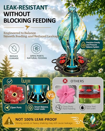LUJII Smart Hummingbird Feeder with Camera for Outdoor Hanging, Hand Blown Glass, Solar WiFi Feeder with Live View App, 6 Feeding Ports, Leak-Resistant Design, Ant Moat & Gift Box, 28 fl oz, Teal - color: Teal, size: Large