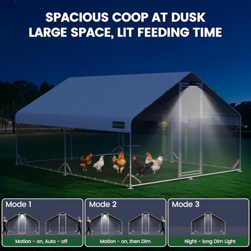 CHIKENCOOP 2-Room Metal Chicken Coop Run, Hardware Cloth, Solar Light | Two-room walk-in run with galvanized hardware cloth, full-top waterproof UV-resistant cover, solar light, and center perch - size: 156.0"L x 118.0"W x 78.0"H