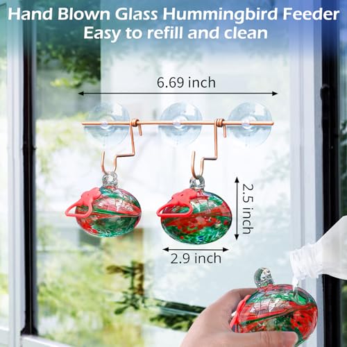 Pozfun Set of 2 Hummingbird Feeders for Outdoors Hanging,Hand-Blown Glass Hummingbird Feeder with Silicone Feeding Perch,Never Leak,Gardening Gifts for Woman Man - color: Phoenix Tail Red