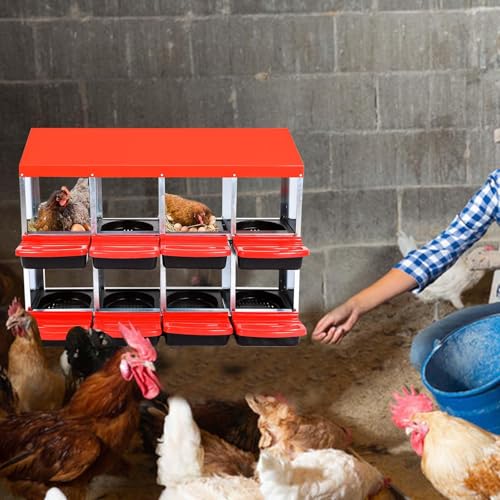 8-Compartment Chicken Nesting Boxes, Metal Hen Laying Boxes with Roll-Away Egg Tray, Lockable Lid, Easy-Clean Design for Coop and Farm - color: Red, size: 46.1"L x 16.5"W x 10.2"H