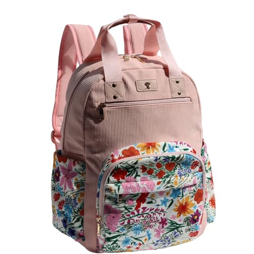 Diaper Bag Backpack Corduroy Multifunction Baby Fashion Travel Pack office Laptop Bag - color: Pink Flower