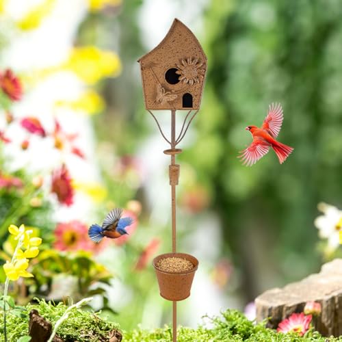 49" Bird Houses for Outside with Pole, Outdoor Metal Birdhouse with Tapered Bucket for Patio, Yard, Garden, Rust-Colored - style: Cottage(Rust-colored)