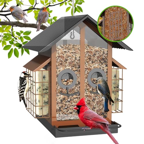 FlowaFoli Bird Feeders for Outdoors, Metal Bird Feeder with Double Suet Cage Weatherproof Metal Roof, 2 in 1 Mixed Seeds Suet Feeder, 4Lbs Large Capacity, Great for Finch、Cardinal、Chickadee（Brown） - color: Brown
