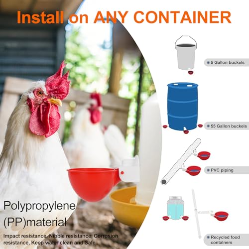 Automatic Chicken Waterer Cups, 6 Pack Large Chicken Water Feeder | Chicken Water Cups, Poultry Waterer Great for Duck, Chicken, Goose, Turkey, Bunny and Bird with Installing Drill