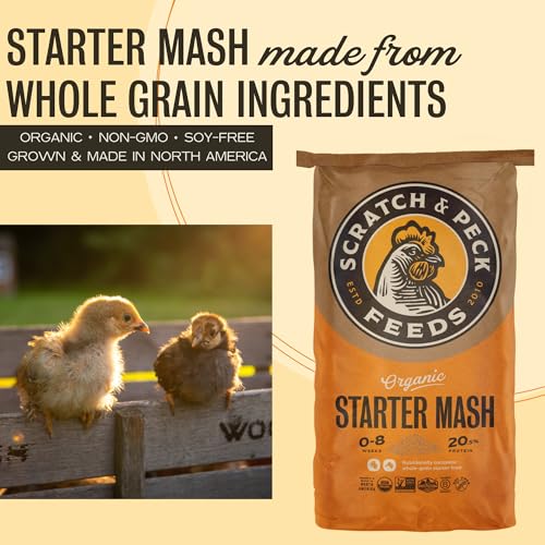 Scratch and Peck Feeds | Starter Mash for Chickens & Ducks | 50 lb Bag | 20.5% Protein, Corn & Soy Free, Fermentable Grains, Certified Organic & Non-GMO Project Verified, Complete Nutrition - size: 50 Pound (Pack of 1), style: Starter Feed