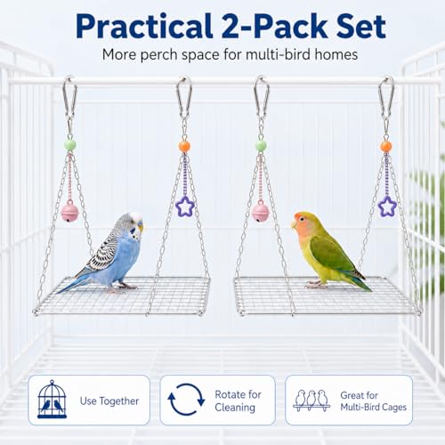 Bird Swing for Parakeets – Durable Stainless Steel Hanging Bird Perch Toy, Fits Bird Cages, Compatible with Budgies, Lovebirds, Cockatiels, 8 × 6 in (Square S) - size: Square S