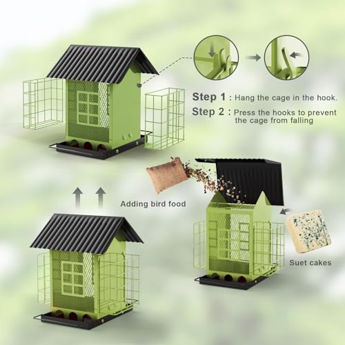 FlowaFoli Bird Feeders for Outdoors Hanging, Metal Bird Feeder with Double Suet Cage Cake, Large Capacity, Birdfeeders Sturdy & Weatherproof, Easy to Clean & Refill, Great for Attracting Wild Birds - color: Green