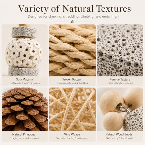 3 Pack Bird Toys for Small Birds, Texture-Rich Shredding & Chewing Toys with Sola Ball, Rattan Balls, Pumice Stone and Pinecone, Hanging Cage Toys for Budgies, Cockatiels, Lovebirds and Small Conures - size: 3 Pack