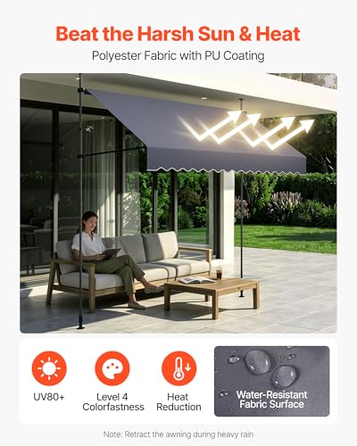 VEVOR Manual Retractable Awning, 98" x 59" Outdoor Patio Awnings Sunshade Shelter with 43"-59" Retractable Side Bar, No Drill Height Adjustable, Crank Handle for Backyard, Balcony, Dark Gray - size: 98x59 in