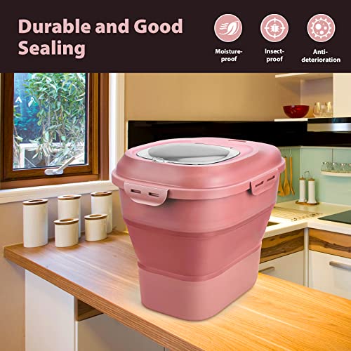 Viretec Cereal Rice Storage Containers, 20 to 50Lbs Collapsible Dry Food Dispenser Bins with Airtight Flip Lid Rolling Wheel, Kitchen Pantry to Store Sugar Flour, Dog Pet Cat Food Holder Container - color: Pink
