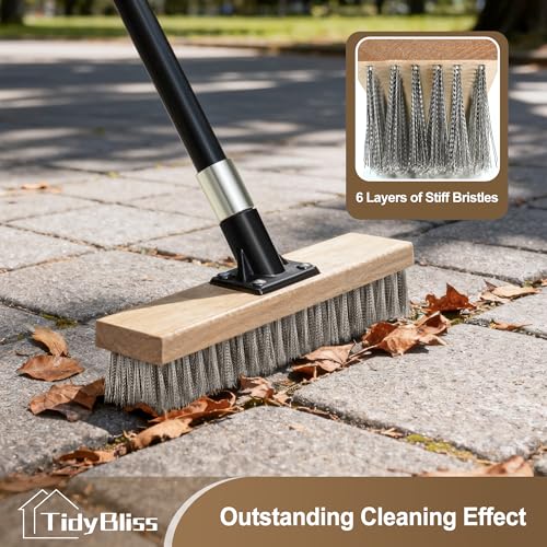 TidyBliss Stainless Steel Wire Scrub Brush with Long Handle, Heavy Duty Stiff Metal Broom Scrubber, Outdoor Moss Removal for Concrete Floor, Deck, Garden, Patio, Roof, Brick, Garage, Swimming Pool