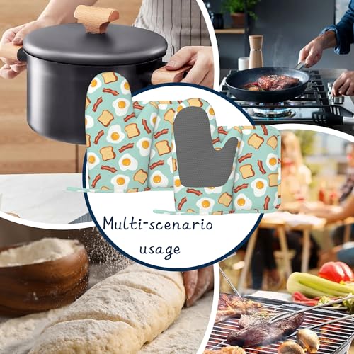 Heat Resistant Pot Holders and Oven Mitts,Funny Poached Eggs Extra Long Kitchen Oven Mitt Set,Cute Bread Cotton Lining Anti-Slip Waterproof Kitchen Mittens Hot Pan Holder for Baking Cooking Grilling - color: Funny Poached Eggs