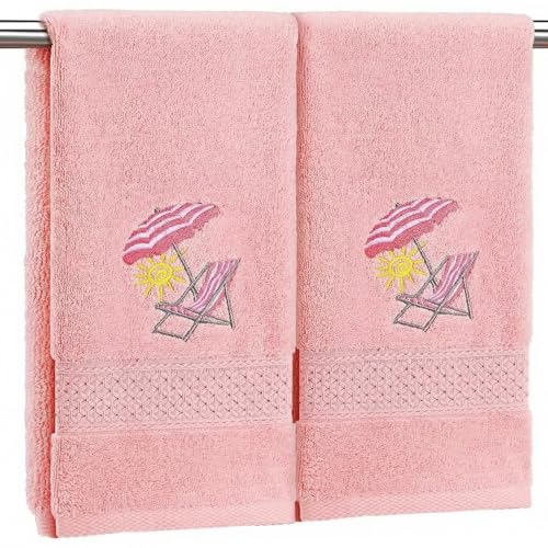 SmoothNovelty 2 Pcs Beach Chair Hand Towels Pink Bathroom Decor 14x29 Inch | Embroidered Pink Bathroom Hand Towels, 100% Cotton, Soft Absorbent, Summer Beach Coastal Theme Bathroom Kitchen Decor - style: Cute Beach Chair