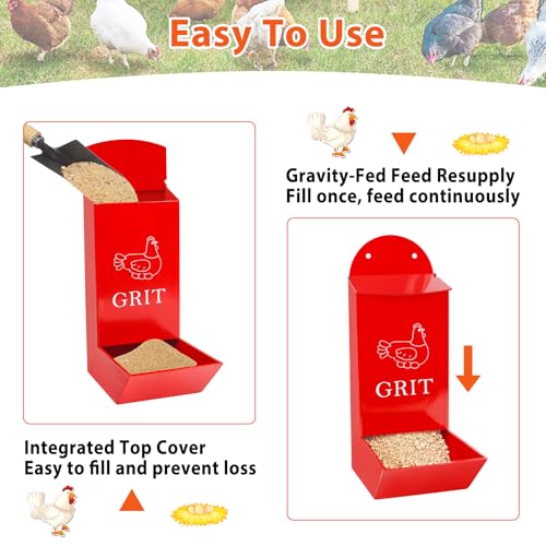 2 Pack Gravity Chicken Grit Feeders with Lids, Metal Oyster Shell Feeder | Hanging Gravity Chicken Poultry Feeder Troughs, Metal Coop Accessories Supplies, Grit, Oyster Shell, Feed