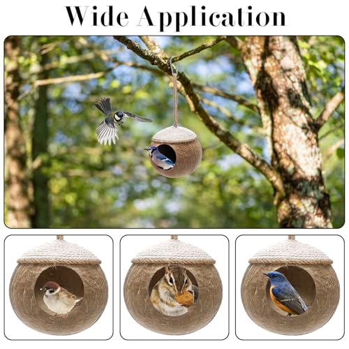 Yesland 2 Pack Coconut Bird Nest Hut with Loop, Coconut Fiber Hanging Birdhouse Cage, Anti-Pecking Bite Coconut Bird Parakeet for Parrot Parakeet Lovebird Finch Canary, Pet Cage Habitats Decor