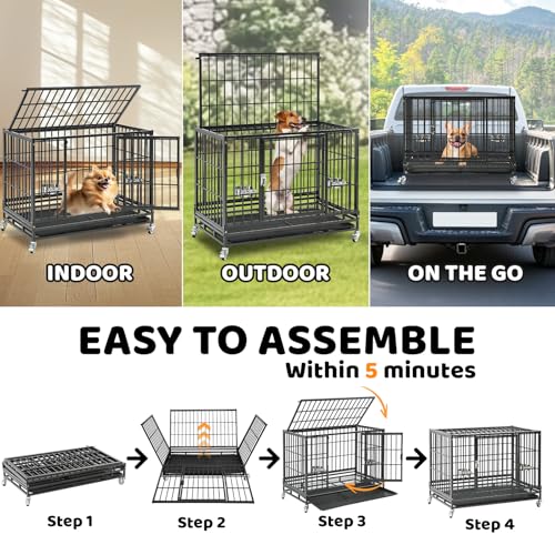 Homey Pet 37 Inch Heavy Duty Dog Crate for Medium Dogs | Stackable Dog Cage Kennel with Four Lockable Wheels, Removable Tray & Grid, Open Top, Escape Proof Dog Kennel Indoor - size: 37.0"L x 22.5"W x 29.2"H