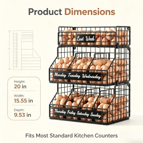 Egg Holder Countertop, Large 3T Chicken Egg Basket for Gathering Fresh Eggs | Egg Storage Organizer with Adjustable 5 Divider & Label, Stackable Wall Mounted Egg Collecting Basket Rack, XXL Black - color: 3T XXL Black