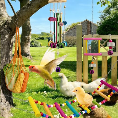 6 PCS Chicken Toys, Multi-Color Poultry Wind Chime, Slide, Mirror with Jingling Accessory and Hanging Vegetable Fruit Feeder for Hens, Birds, Parrots and Other Poultry