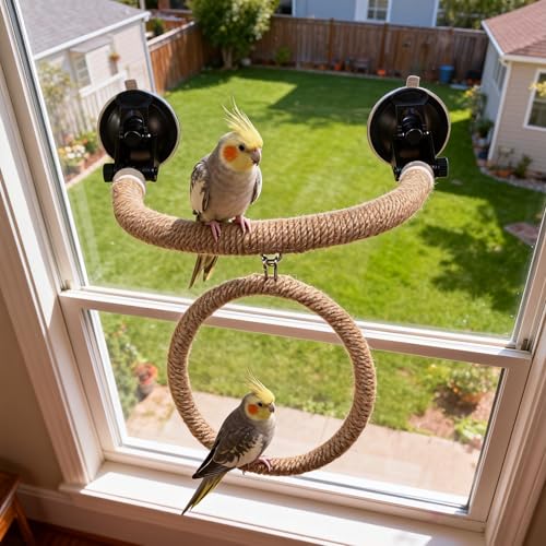 Natural Flax Bird Perch Stand, Strong Suction Cups Bird Window Perch | Movable Parrot Training Perch for Window Mirror Car Tiles | Universal for Budgie, Cockatiel, Conure (U-Shaped Perch + Swing) - color: U-Shaped Perch + Swing