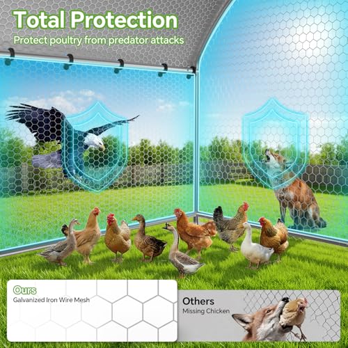 10 x 13.2 x 6.4 FT Metal Chicken Coop, Chicken Run with Cover | Walk-in Metal Chicken Coop, Side Hardware Cloth, Waterproof Cover, Roosting Perch, reinforced frame, Backyard & Farm Use - size: 157.5"L x 119.0"W x 77.3"H