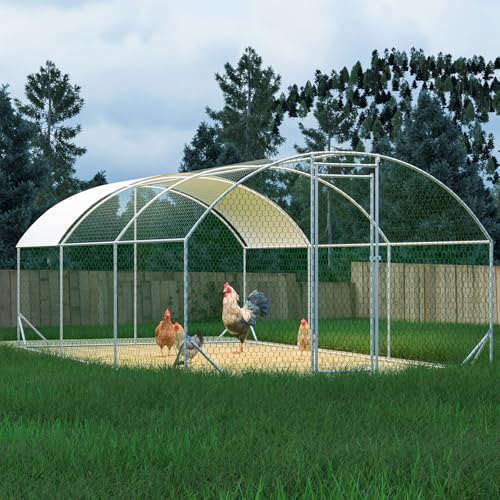 Large Metal Chicken Coop, Dome Walk-in Chicken Run with Waterproof UV-Resistant Cover for Outdoor Yard & Farm, Poultry Cage Pen for Chickens, Ducks & Rabbits, 19.7 FT x 9.8 FT x 6.6 FT, Silver - size: 19.7 FT x 9.8 FT x 6.6 FT