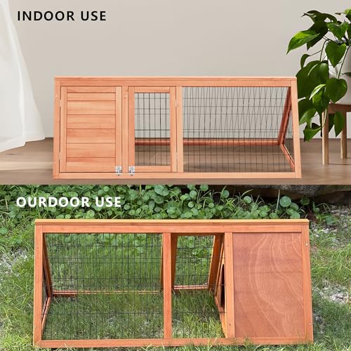 Rabbit Hutch Bunny Cage Indoor Outdoor for Chickens, Quails, Ducks | Small Poultry Enclosure, Ventilating Wire Fence, Pull-Out Tray, A-Frame Design, Waterproof Roof - color: Natural Wood