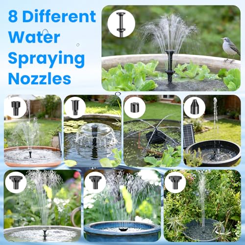Antfraer 7W Solar Fountain Pump with 3600mAh Battery Backup & Pond Filter, Solar Water Fountain Pump with 8 Nozzles & PVC Tubing, Solar Fountain for Bird Bath, Small Ponds, Waterfall, Hydroponics - style: 7W （Built-in Battery）