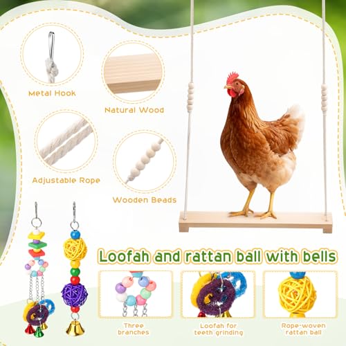 Soulchen 6 Pieces Chicken Toys for Coop Chicken Wind Chime Enrichment Toys Kits Chick Mirror with Bells Swing Hanging Chick Rattan Ball Loofah Bell for Coop Hens Chicks Poultry Birds Parrots - style: Chick Rattan Ball Loofah Bell