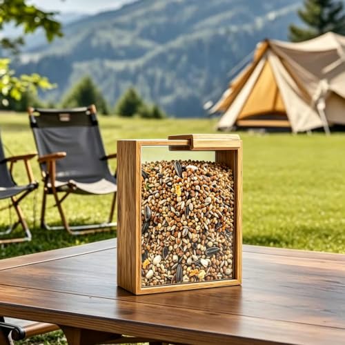 Bird Seed Storage Container, 3L/3.2Qt Airtight BPA-Free Wooden Bird Food Container - Portable Pet Food Storage for Wild Bird Seed, Sunflower Seed & Mealworms, Natural Wood Seed Dispenser