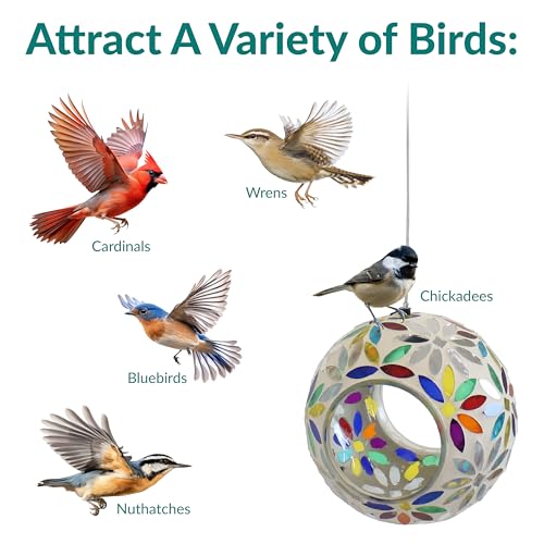 Sunnydaze Mosaic Glass Bird Feeder, Fly-Through, Rainbow Daisies | 6" Small Unique Hanging Bird Feeder for Outdoors, Drainage Hole, Weather-Resistant, Birdfeeder for Cardinals, Jays, & Finches - color: Rainbow Daisies Mosaic