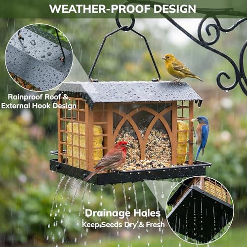 Bird Feeders for Outdoors Hanging, Metal Bird Feeder with Double Suet Cage Weatherproof Metal Roof, 3.5Lbs Large Capacity Great for Attracting Finch Cardinal Chickadee Wild Birds, Pinecone Brown - color: Pinecone Brown