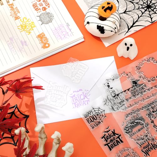 Whaline 5 Sheets Halloween Clear Stamps Gnome Pumpkin Spider Silicone Transparent Stamps Trick or Treat Border Stamp Cards for DIY Card Making Scrapbooking Embossing Album Decor - style: Halloween