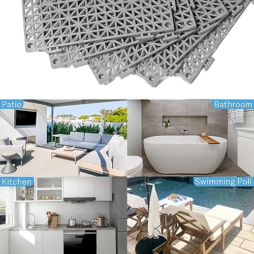 12” x 12” Drainage Interlocking Floor Mats 8 Pack for Outdoor and Indoor | Non-Slip Pool Deck Drain Mats Soft PVC Splicing Modular Cushion Rubber Flooring Tiles with Holes for Basement Garage Shed - size: Grey