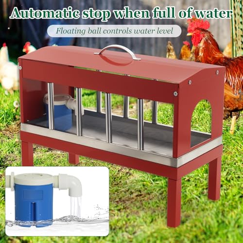 Automatic Chicken Waterer Stainless Steel with Stand Pigeon, Duck, Goose | Adjustable water level float valve system, 11 water holes, Gravity-fed, Removable top dust cover, Garden Hose & quick connect
