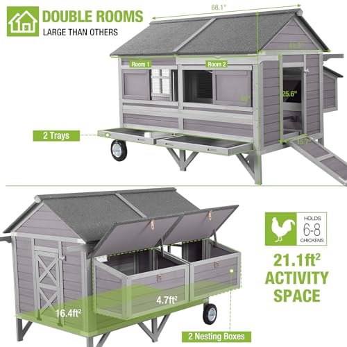 GUTINNEEN Chicken Coop for 10-12 Chickens with Large Wheels Wooden Large Chicken Coop Spacious Habitat with 4 Perches 4 Nesting Boxes for Hen House Backyard Garden
