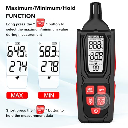 Hygrometer Thermometer with Dew Point & Wet Bulb, TH13 | High Precision Humidity Meter, Temperature Humidity Monitor, 99 Data Storage, Temp Alarm, Backlight, MAX/MIN, Auto Shutdown - color: Red, size: TH13