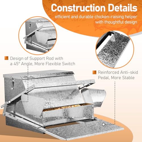 Automatic Treadle Chicken Feeder, 25 Lbs No Waste No Spill Rodent Proof Metal Chicken Feeder with Weatherproof Lid, Chicken Supplies for Your Chickens Duck Bantams Pheasants Poultry Coop