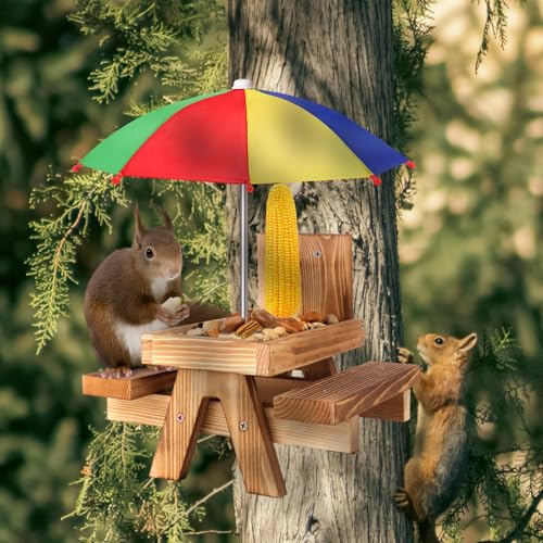 Gnodary Squirrel Feeder with Umbrella, Squirrel Feeders for Outside, Squirrel Picnic Table Feeder - Chipmunk Feeder Hold Corn, Corn Cob, Peanuts (Multiple Color 1) - color: Multi Color 1