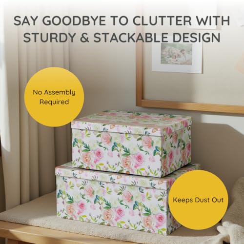 Soul & Lane - Summer Rose Decorative Storage Boxes with Lids, Set of 3 | Large Nesting Cardboard Keepsake Boxes for Photos and Gifts, Pink Vintage Rose Print Containers for Home Decor - color: Summer Rose