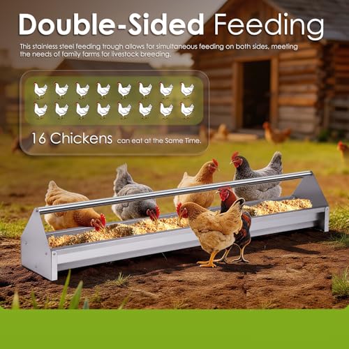 Chicken Feeding Trough 45" Chicken Feeder and Duck Feeder | Stainless Steel, Double Sided Poultry Chicken Feeder Trough, with Crossbar Large Capacity for Chicken Duck Goose Quail
