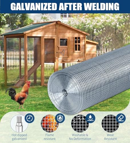 Hardware Cloth 1/2 Inch, 19GA Hot Dip Galvanized Chicken Wire Fencing Mesh | 16in×100ft Wire Mesh Rolls Welded Chicken Wire Fencing for Chicken Coop Barrier, Poultry Netting Cage Wire Fence - color: Silver(16in*100ft)