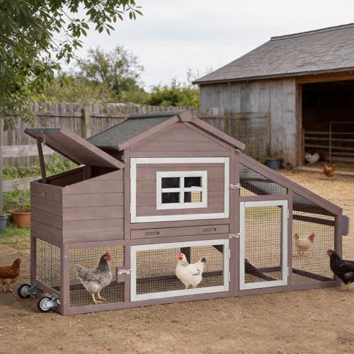 Aivituvin Chicken Coop with Run and Wheels, Mobile Outdoor Hen House Wooden Poultry Cage with Waterproof Roof (Brown, AIR23) - color: Brown, size: 67.3"L x 26.0"W x 39.4"H